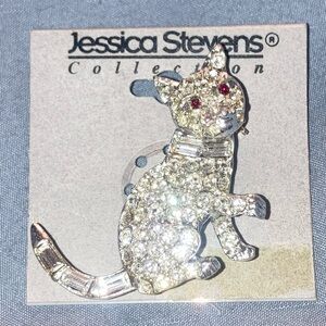 Jessica Stevens Crystal Cat Brooch with Red Accent Eyes